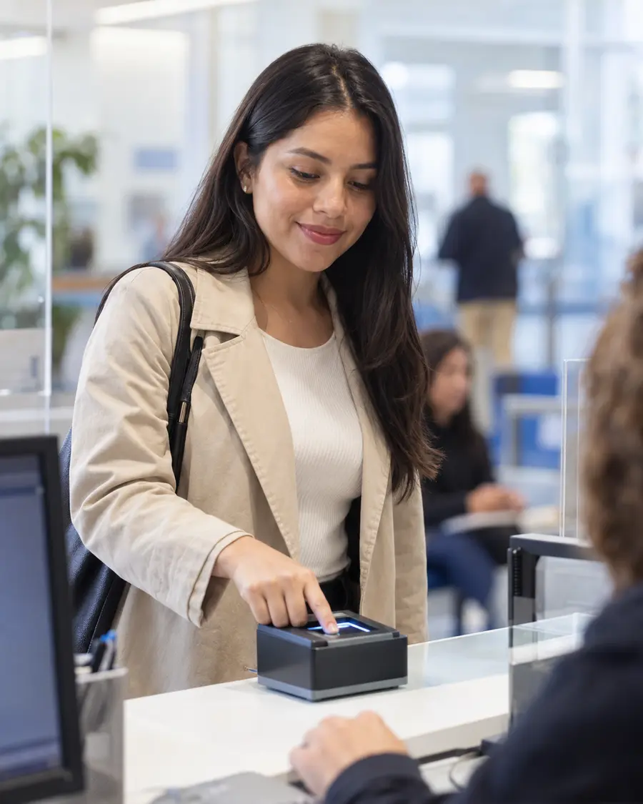 Mujer realizando la toma de huellas en una oficina de documentación